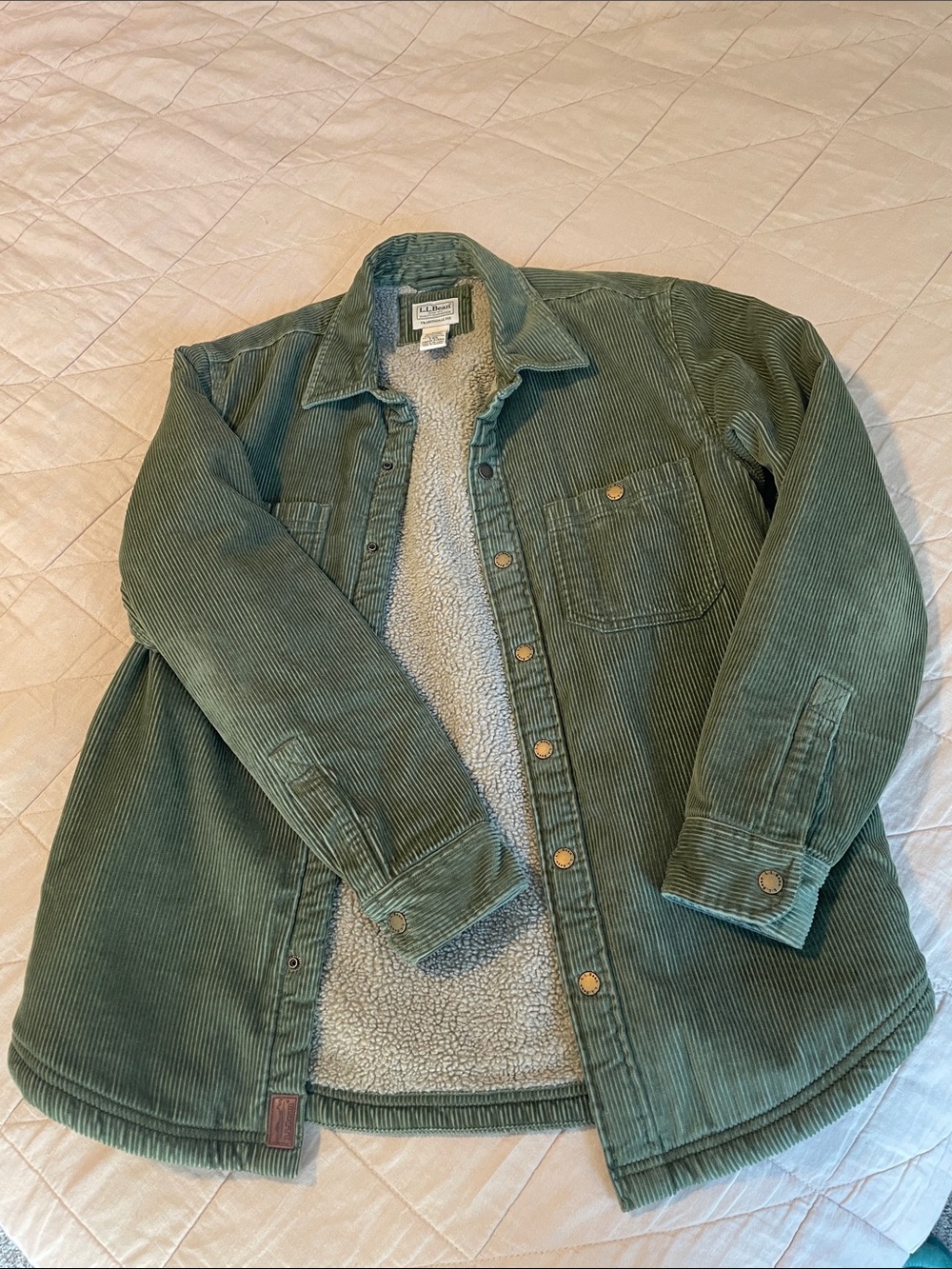 L.L. Bean Olive Green Corduroy Sherpa-Lined Shirt Jacket